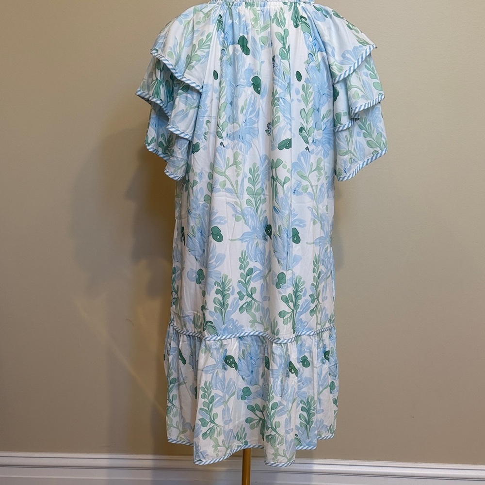 Blue Green Floral Tiered Mini Dress Flutter Sleeve Boho Cottagecore L - Picture 4 of 7
